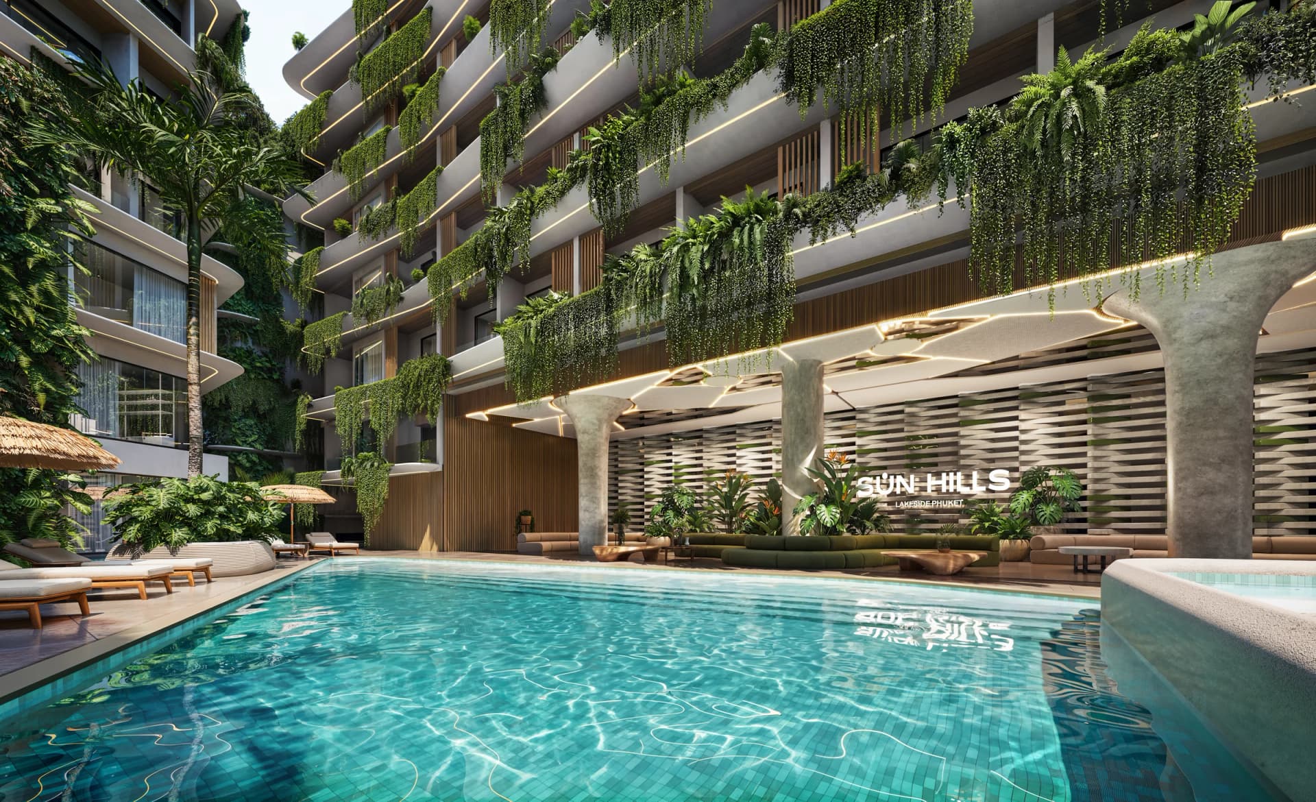 Pool in front of the lobby colonnade with the Sun Hills lettering