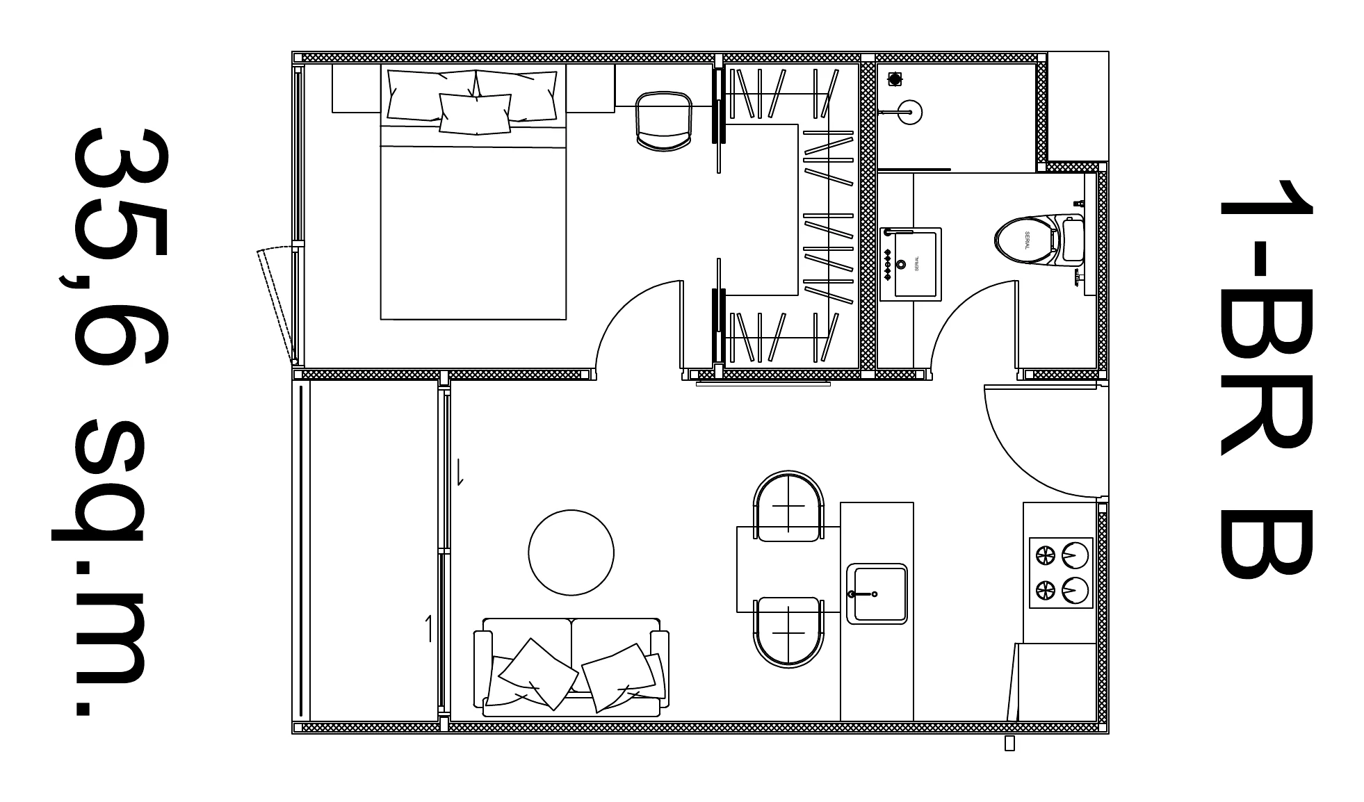 Plan of the 35.6 m² one-bedroom, Wing B