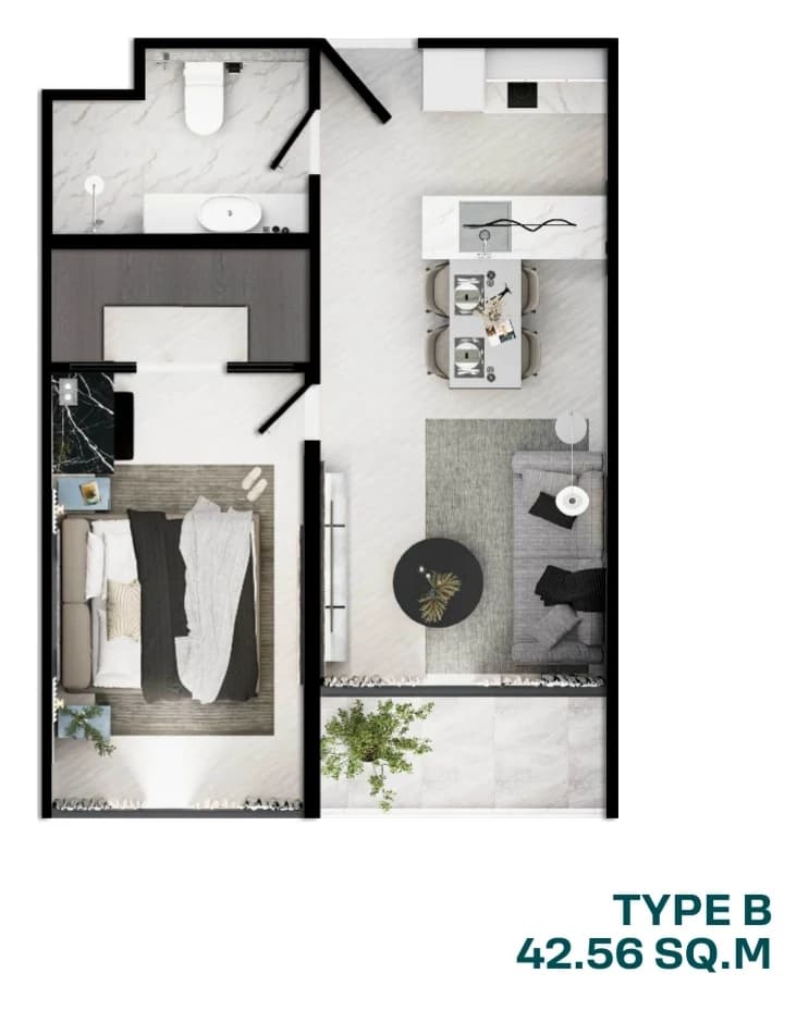 Plan of the 42.5 m² one-bedroom (Type B), Wings A, D and E