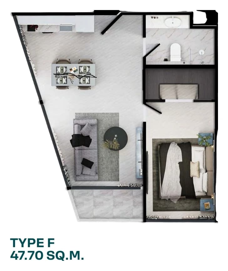 Plan of the 47.8 m² one-bedroom corner home (Type F), Wing D