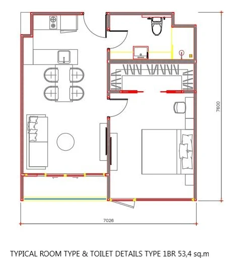 Plan of the 53.4 m² one-bedroom-plus, Wing E