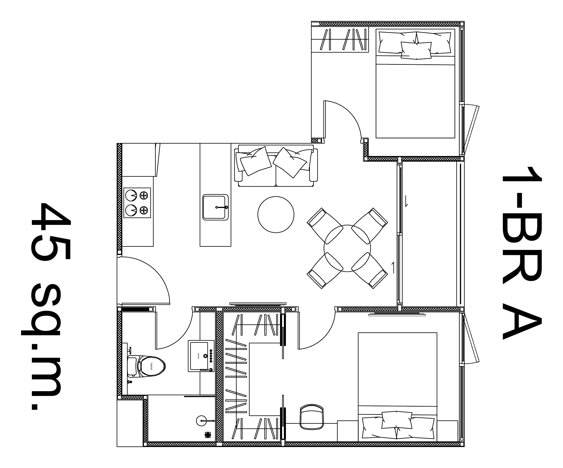 Plan of the 45 m² two-bedroom, Wing B