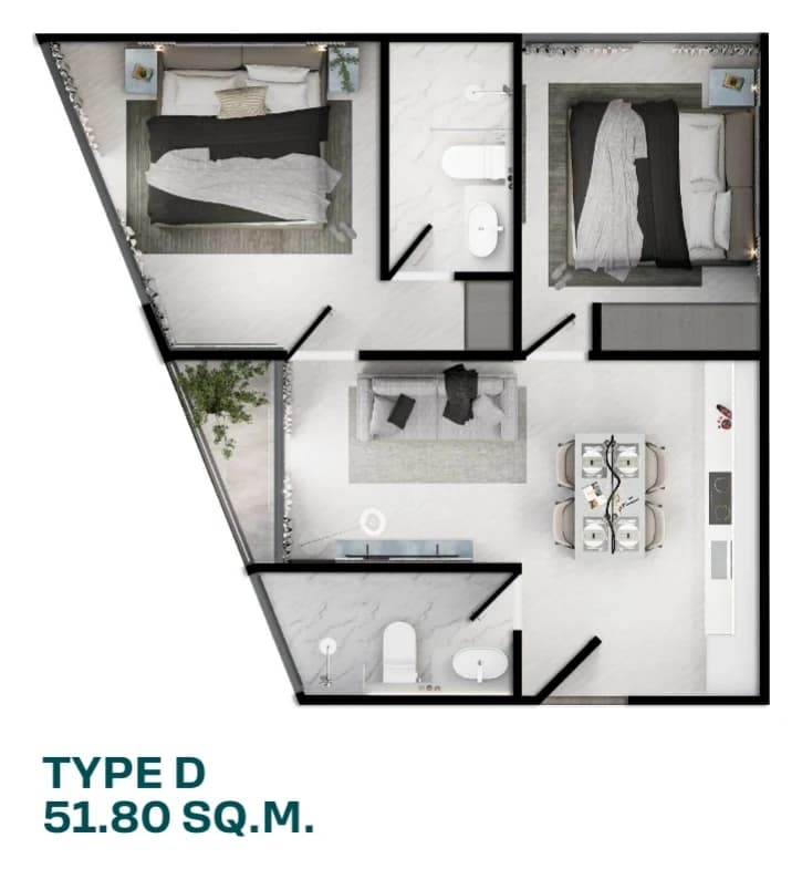 Plan of the 51.8 m² two-bedroom (Type D), Wing A