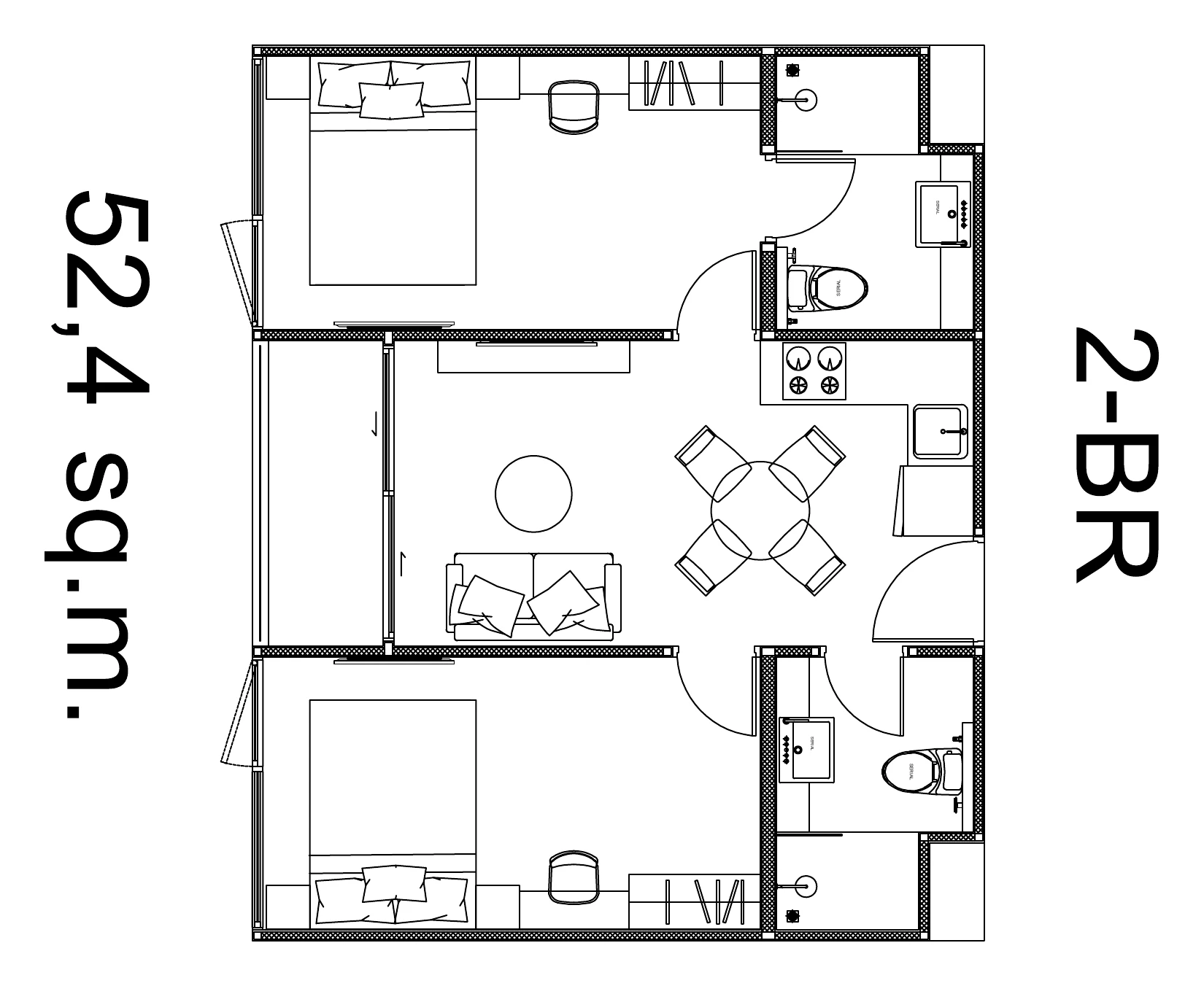 Plan of the 52.4 m² two-bedroom, Wing B