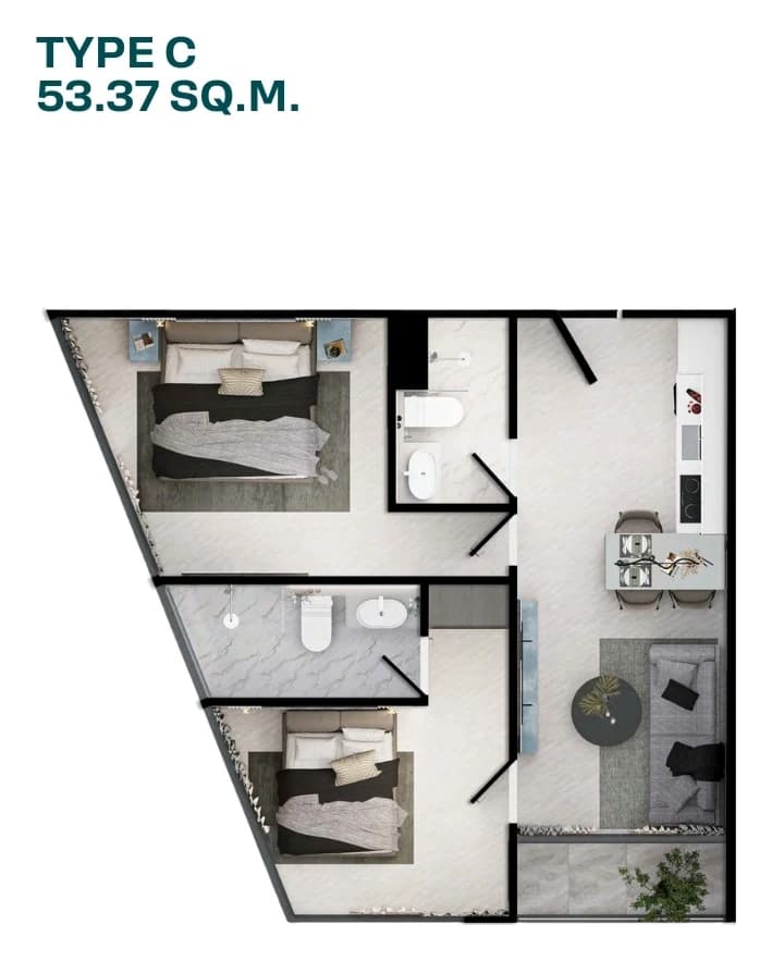 Plan of the 53.4–53.8 m² two-bedroom (Type C), Wing A