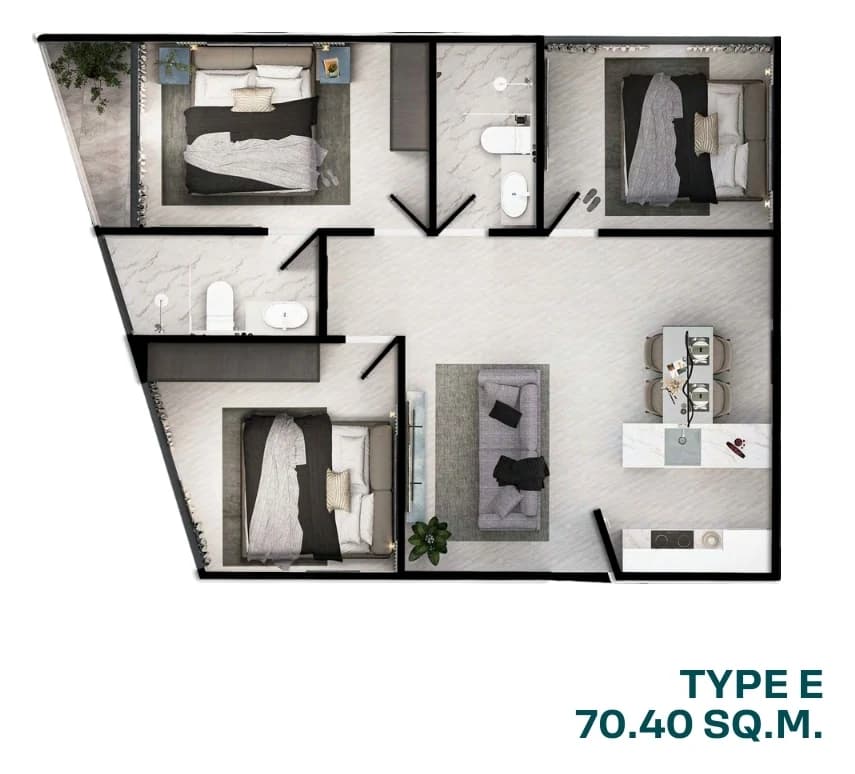 Plan of the 70.4 m² three-bedroom (Type E), Wing D
