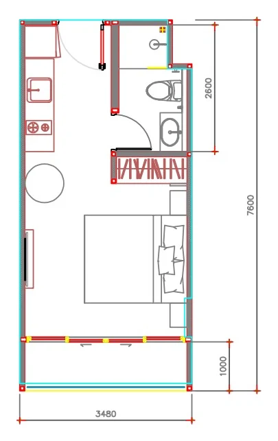 Plan of the 26.5 m² studio, Wing E