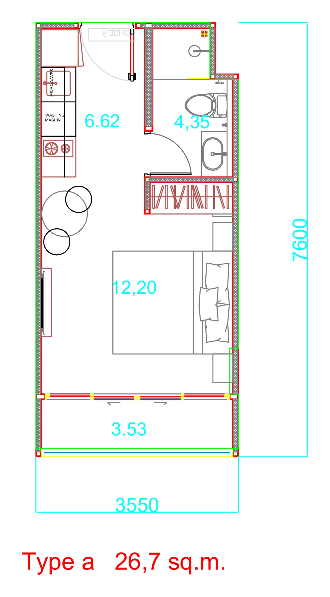 Plan of the 26.7 m² studio, Wing E