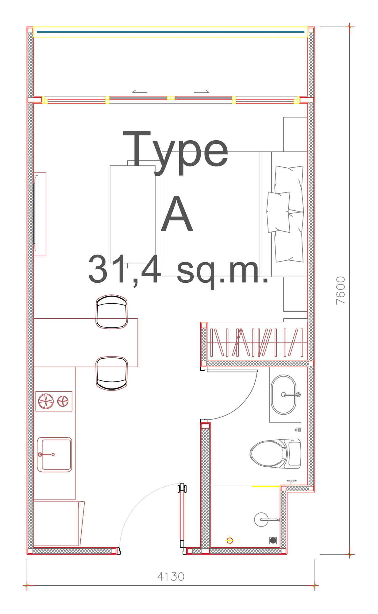 Plan of the 31.4 m² studio, Wing E